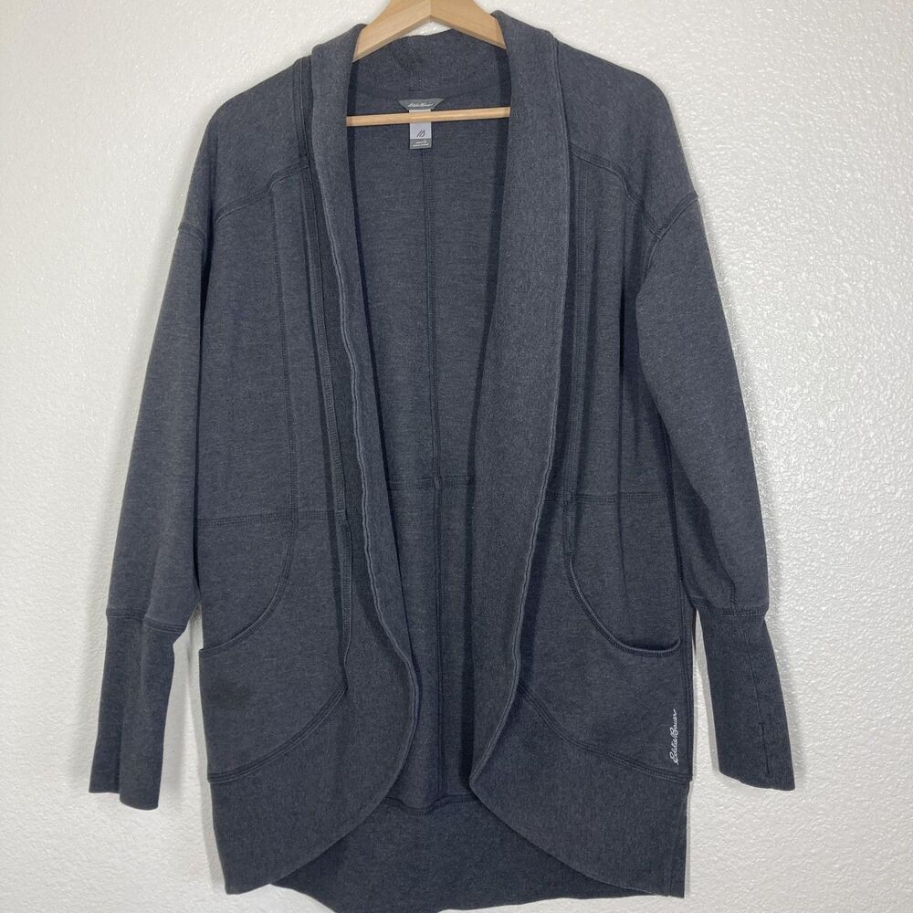 Eddie Bauer Sweater Womens Large Gray Open Front Cardigan Pockets Thumbholes